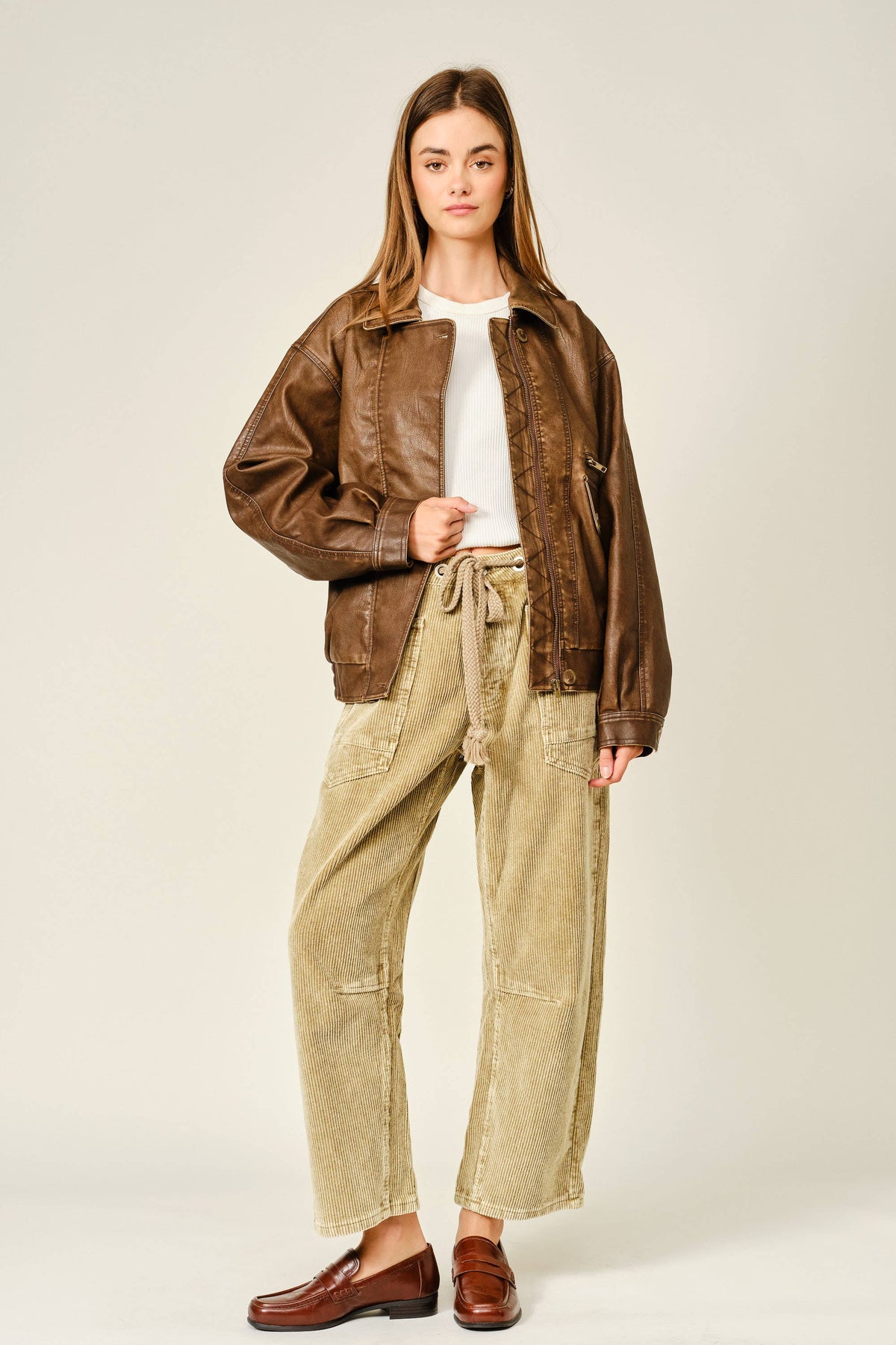 Barrel Corduroy Pants with Tie-Waist