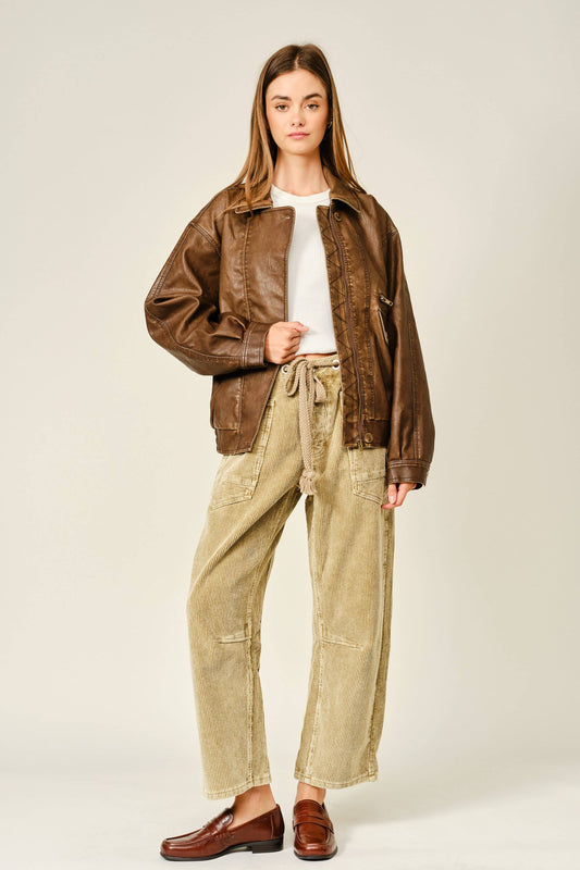Barrel Corduroy Pants with Tie-Waist