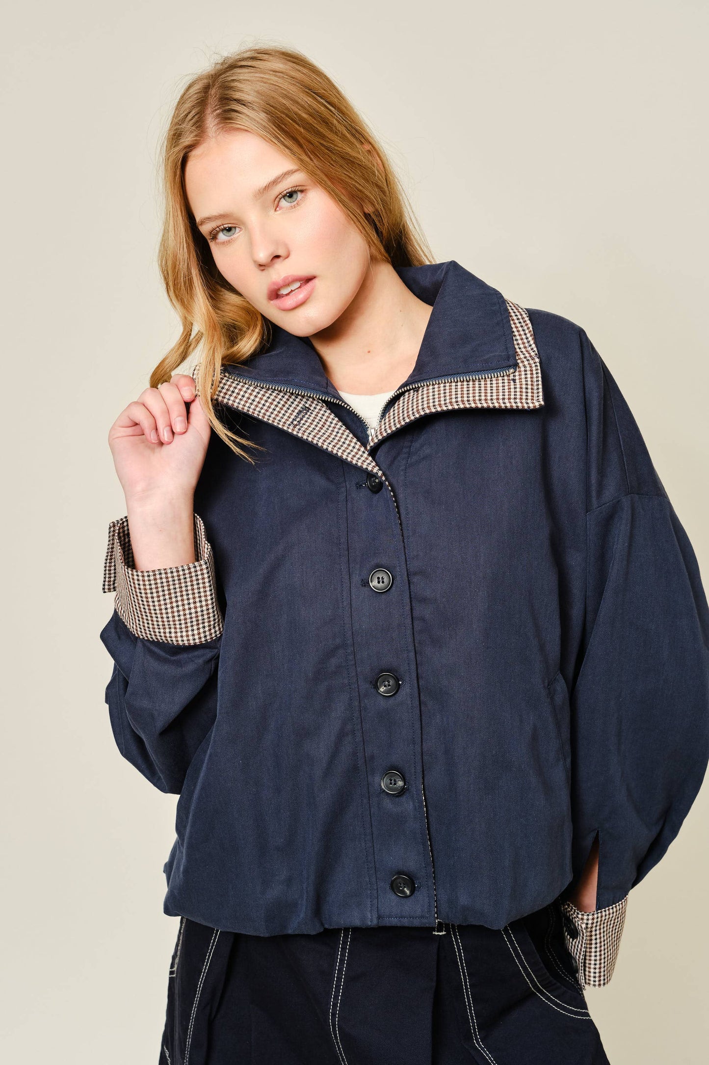Oversized Bomber Jacket with Plaid Detail