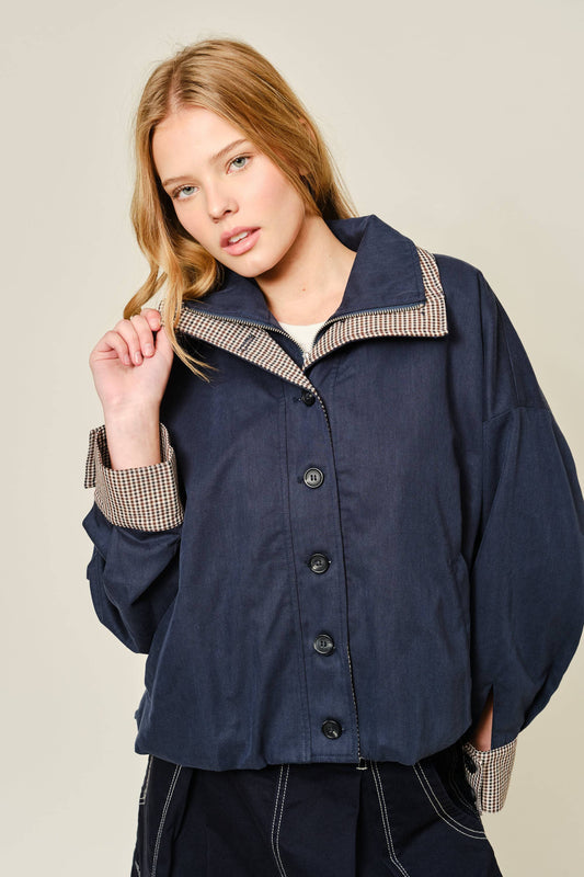 Oversized Bomber Jacket with Plaid Detail