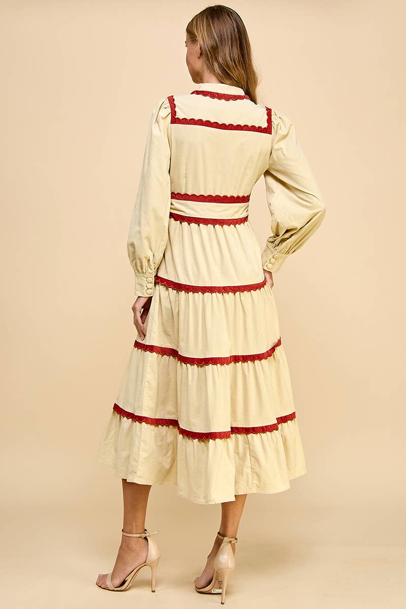 Tiered Scalloped Detail Long Sleeve Midi Dress - alternate product view at Vogue Villa