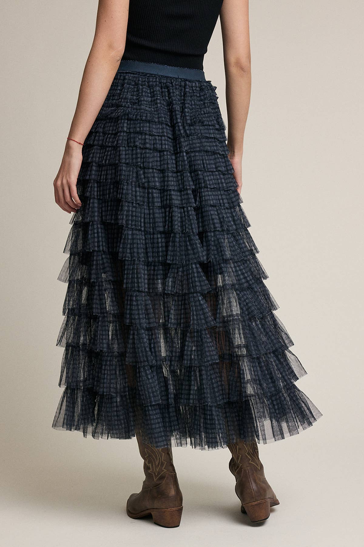 Plaid Mesh Ruffle Maxi Skirt