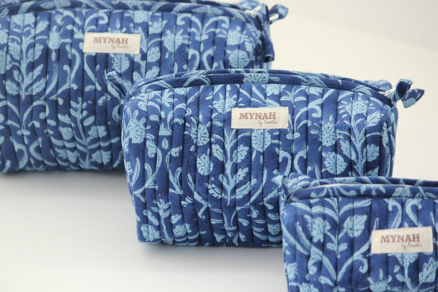 Quilted block print floral travel cosmetic bag-Set of 3