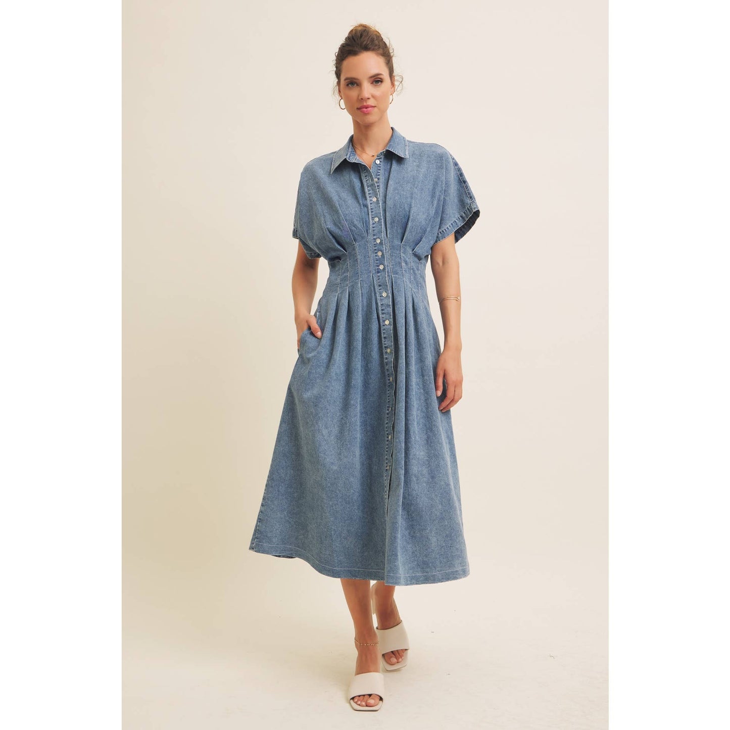 Denim Pleated Midi Dress
