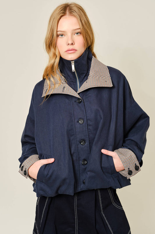 Oversized Bomber Jacket with Plaid Detail