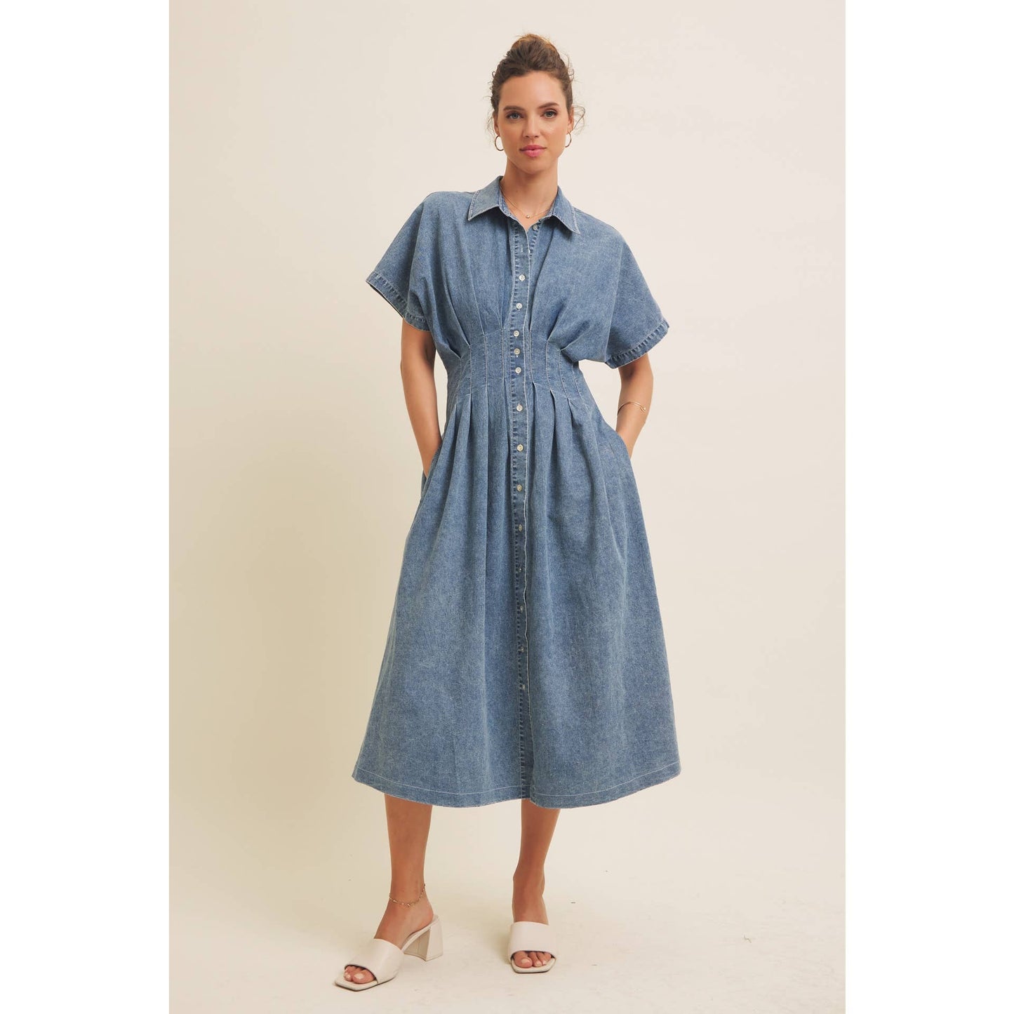 Denim Pleated Midi Dress