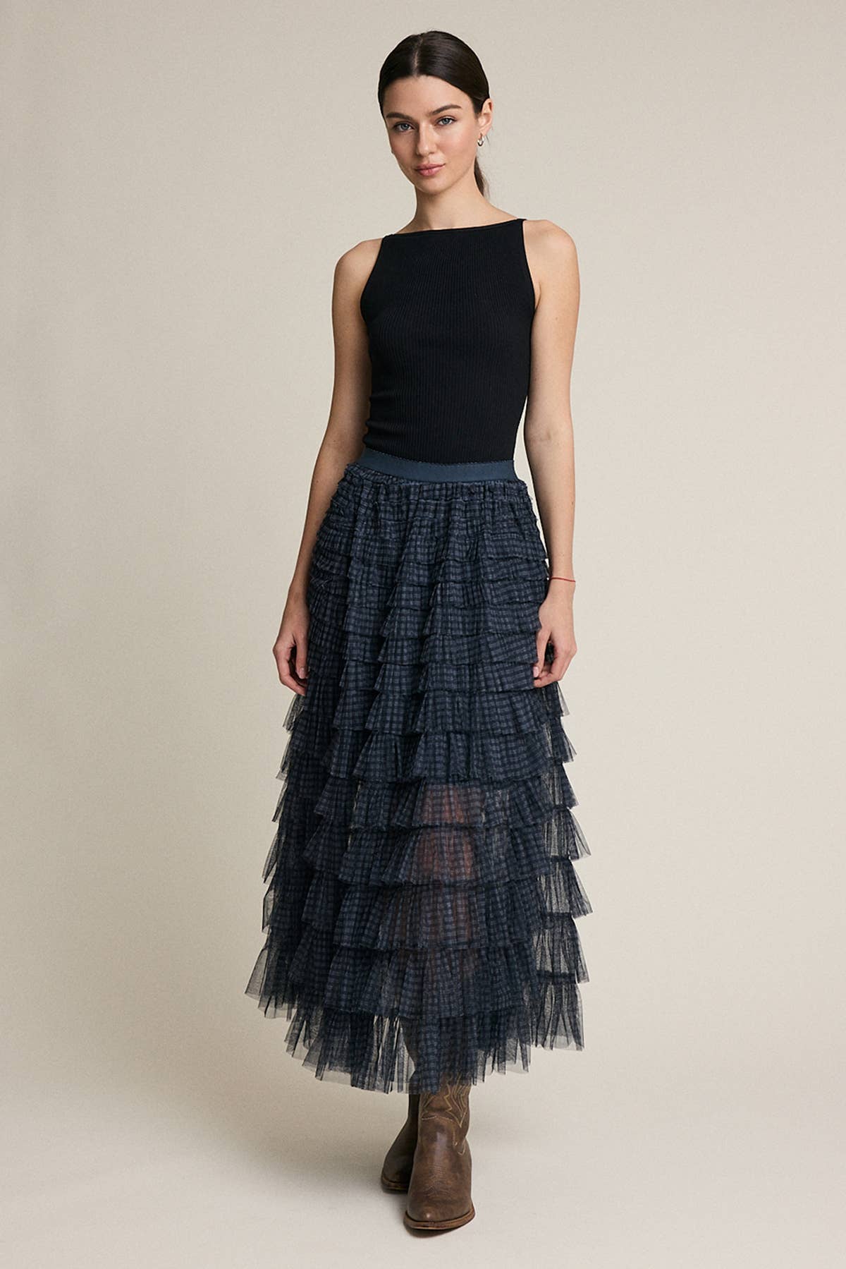 Plaid Mesh Ruffle Maxi Skirt