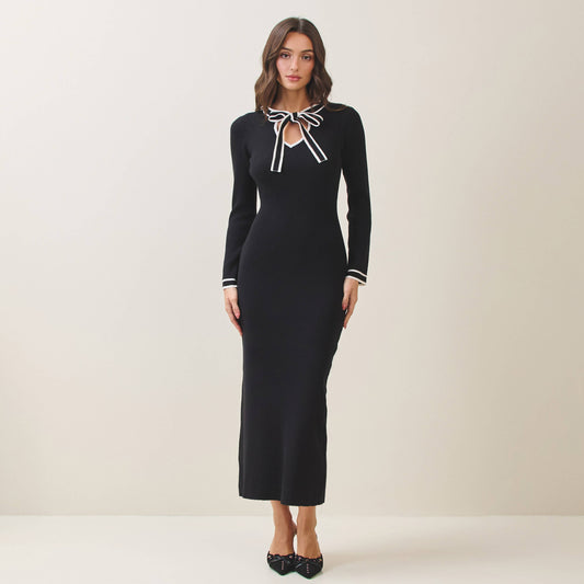 Tie neck sweater dress