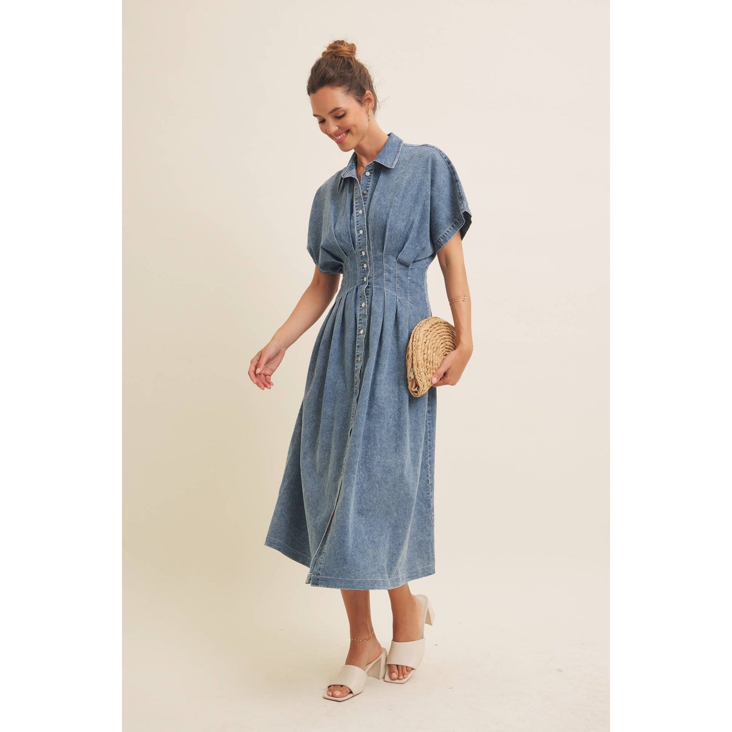 Denim Pleated Midi Dress