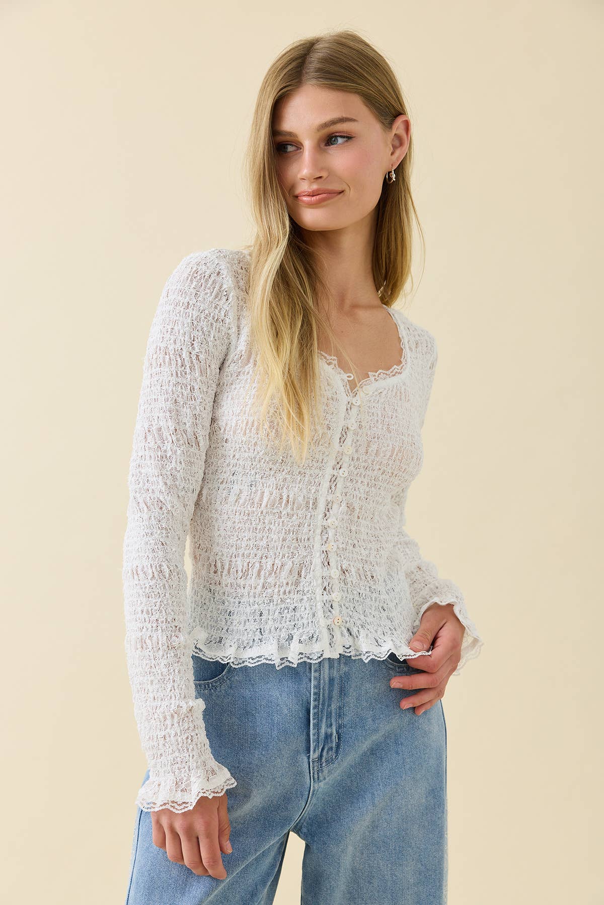 Romantic Smocked Knit Button Top