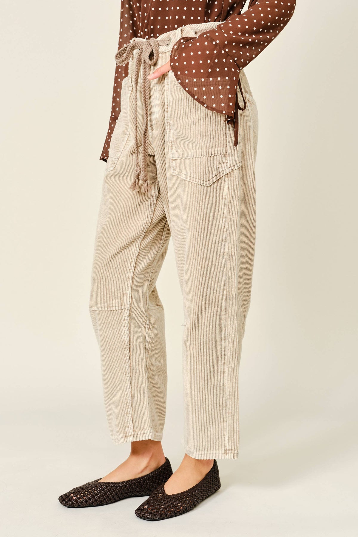 Barrel Corduroy Pants with Tie-Waist