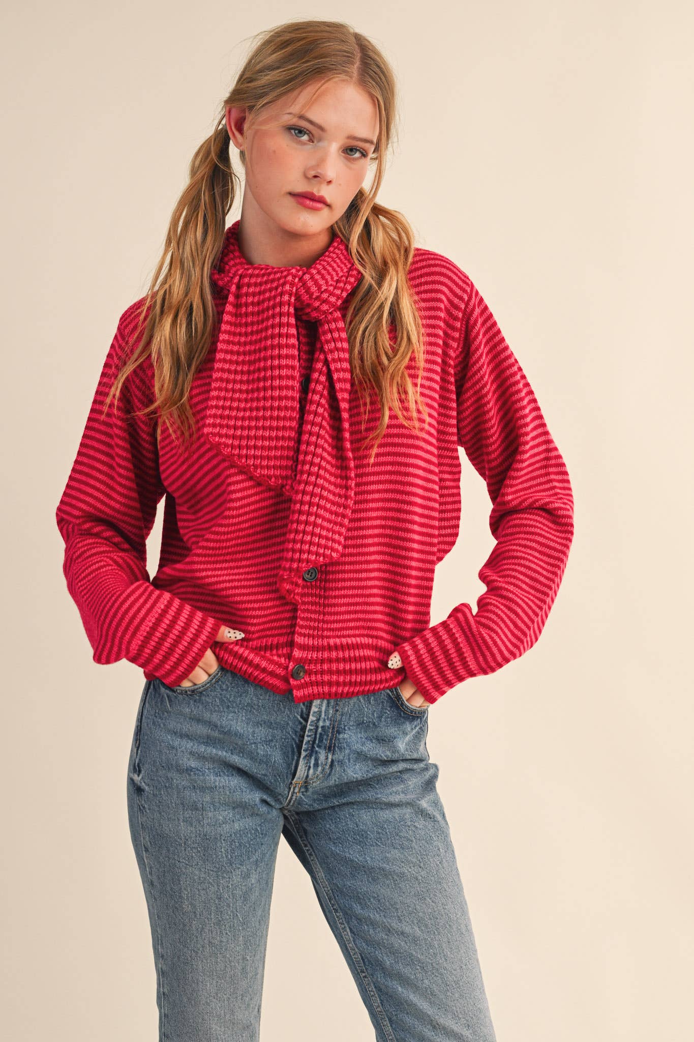 Striped Tie Neck Cardigan