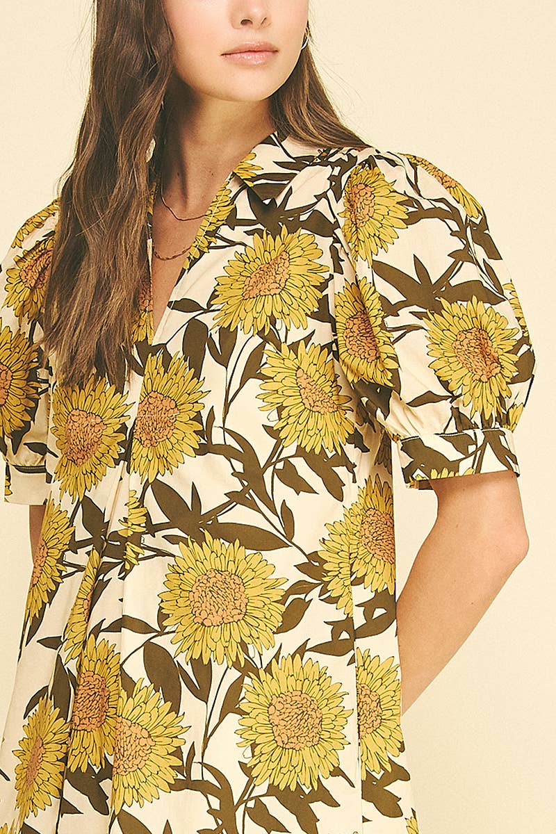 Golden Sunflower Puff Sleeve Midi Dress
