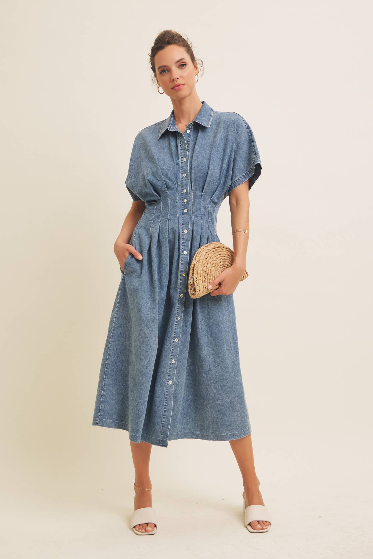 Denim Pleated Midi Dress
