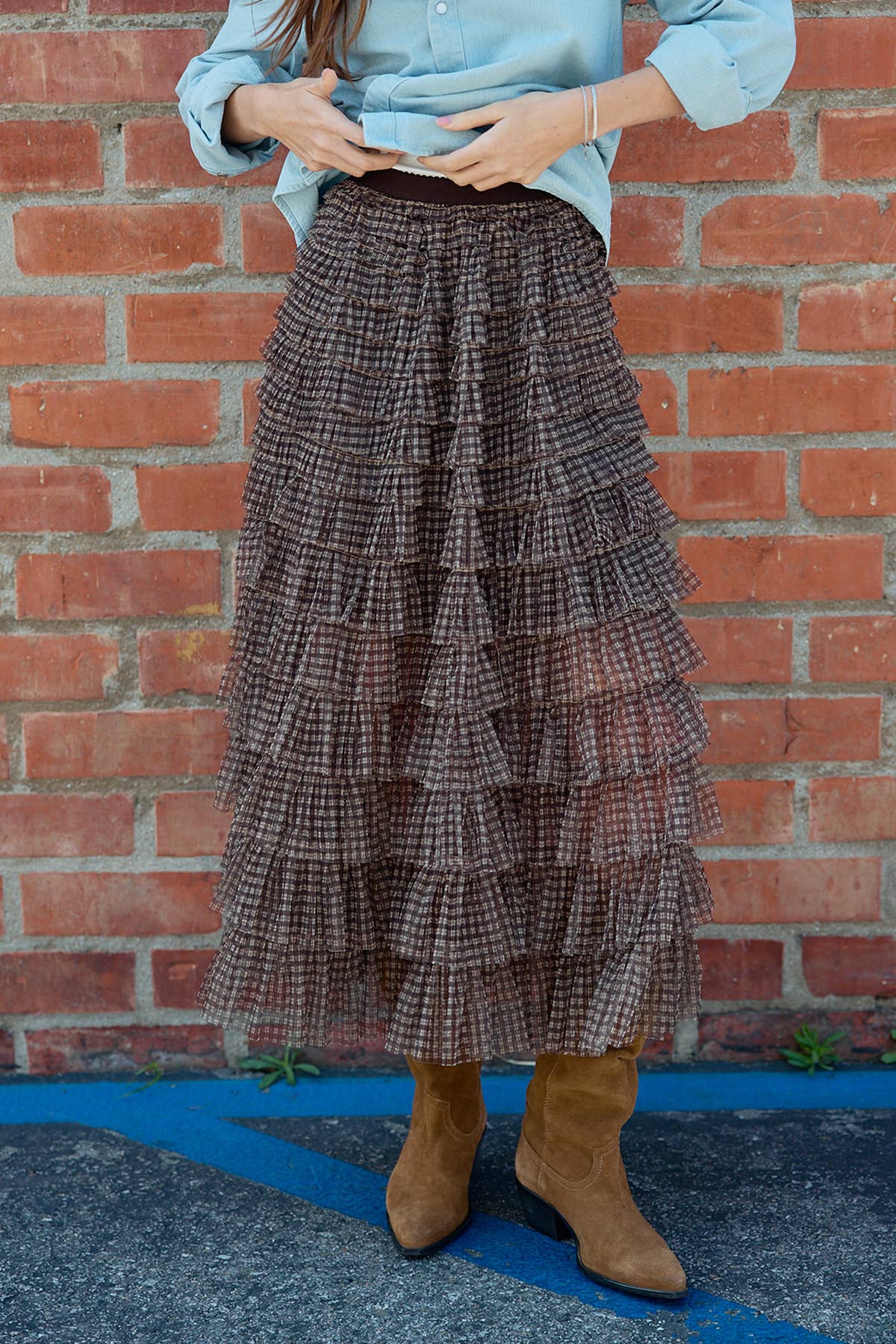 Plaid Mesh Ruffle Maxi Skirt