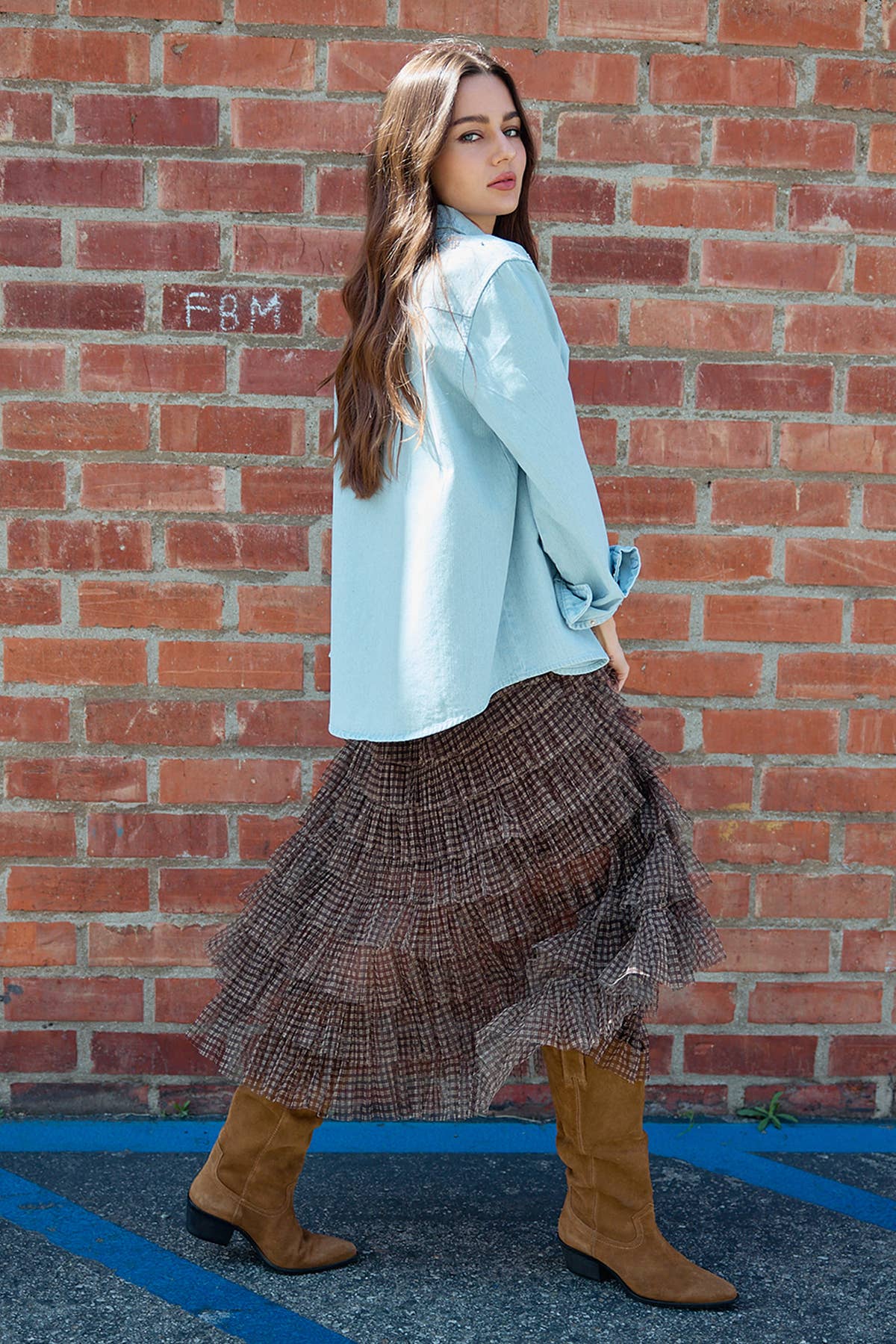 Plaid Mesh Ruffle Maxi Skirt