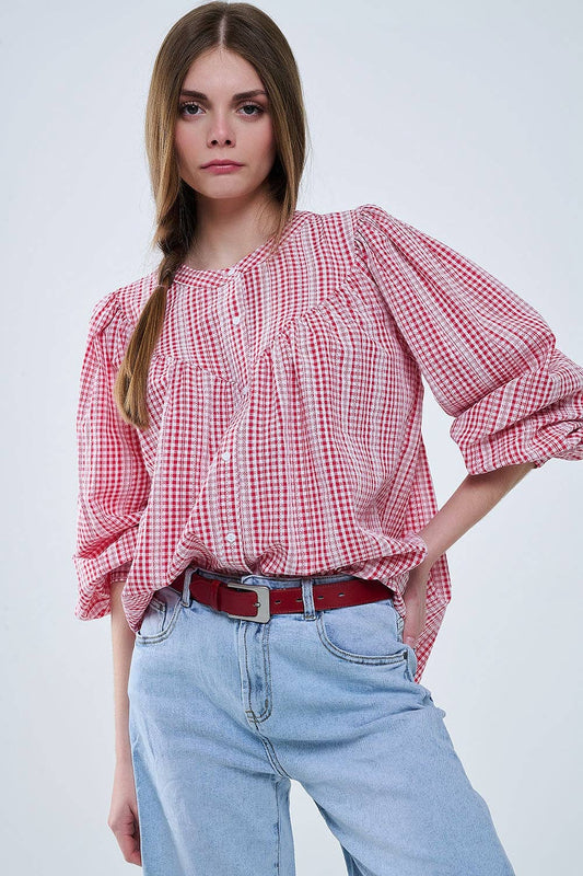Gingham Red and White Collarless Blouse With Wide Sleeves