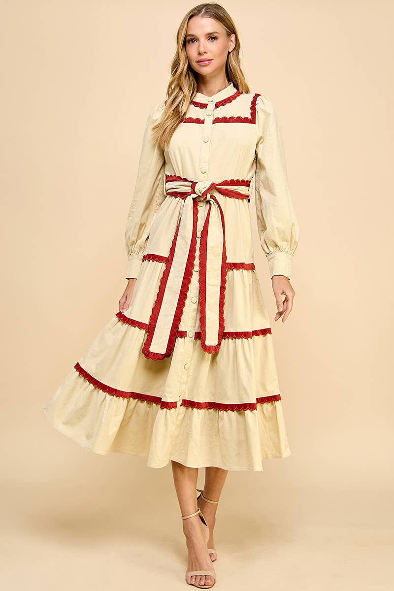 Tiered Scalloped Detail Long Sleeve Midi Dress - alternate product view at Vogue Villa