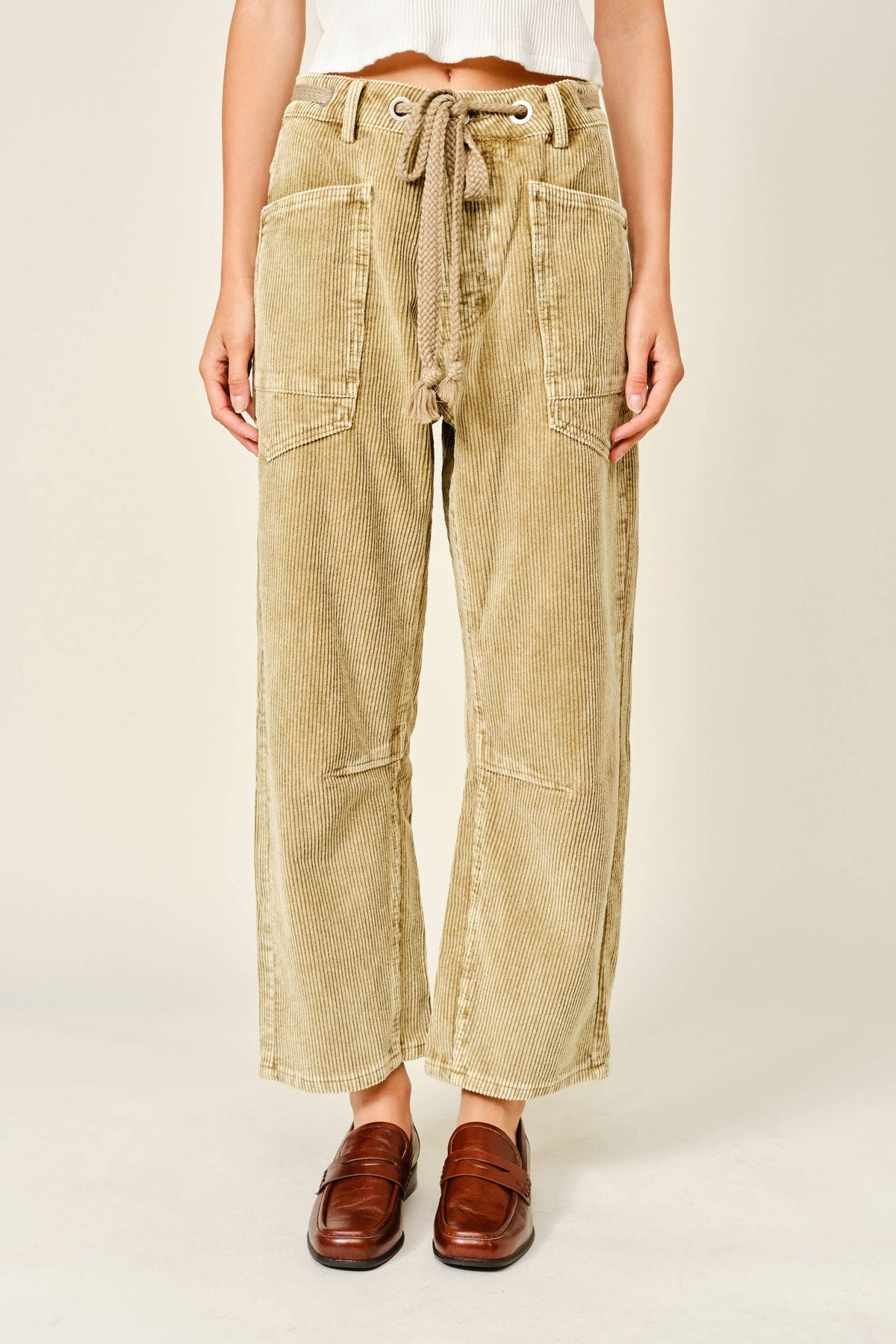 Barrel Corduroy Pants with Tie-Waist
