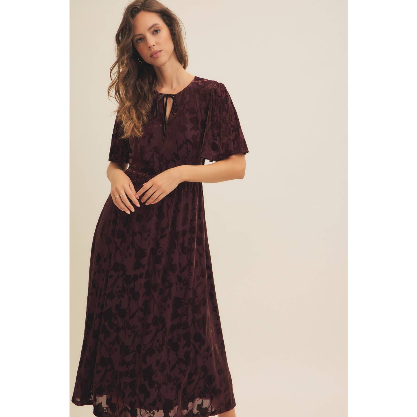 Floral Velvet Burn-Out Midi Dress with Flutter Sleeves