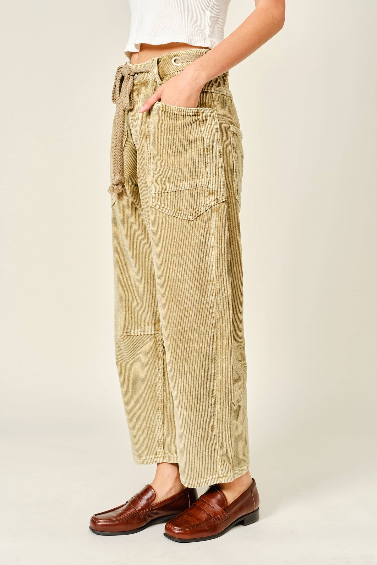 Barrel Corduroy Pants with Tie-Waist