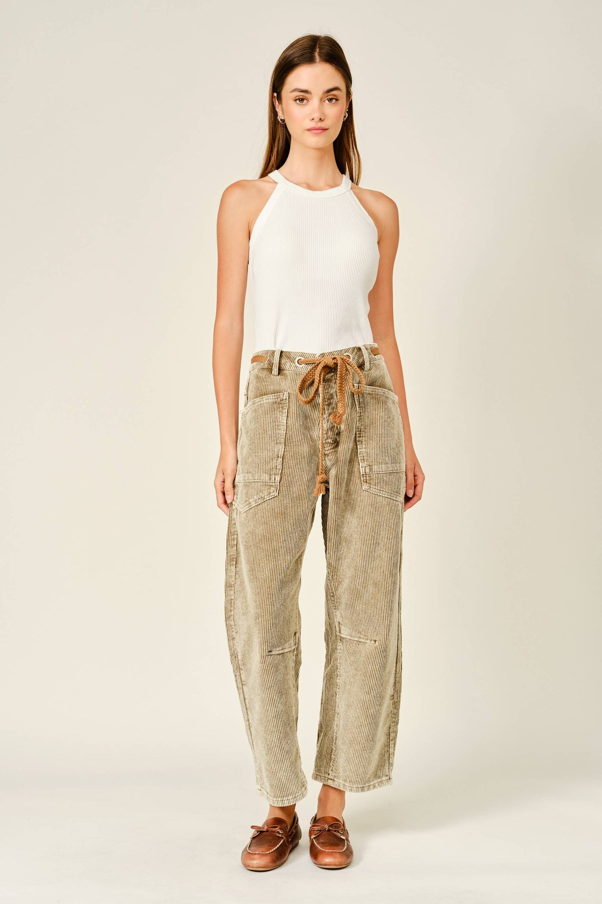 Barrel Corduroy Pants with Tie-Waist