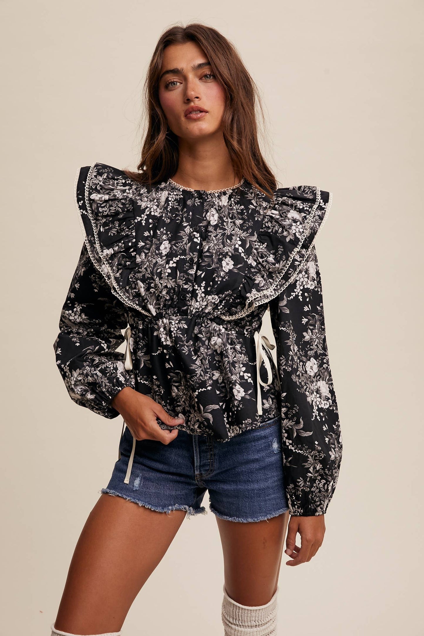 Babydoll Ruffle Floral Print Button Blouse Top